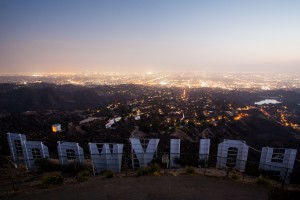 The view over the Hollywood sign at night in Los Angeles, California, USA